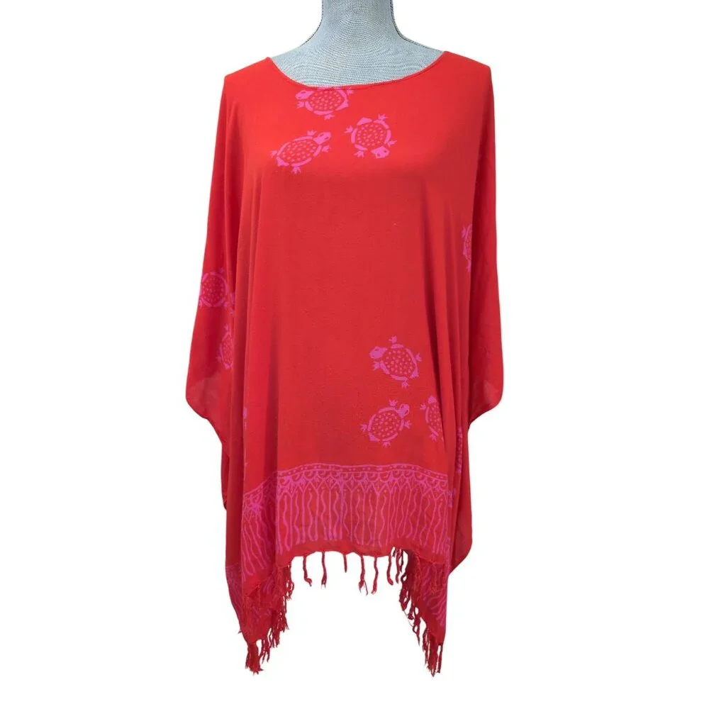 The American Sarong Co Tunic Kaftan Cover Up Womens One Size Red Turtle‎ Print